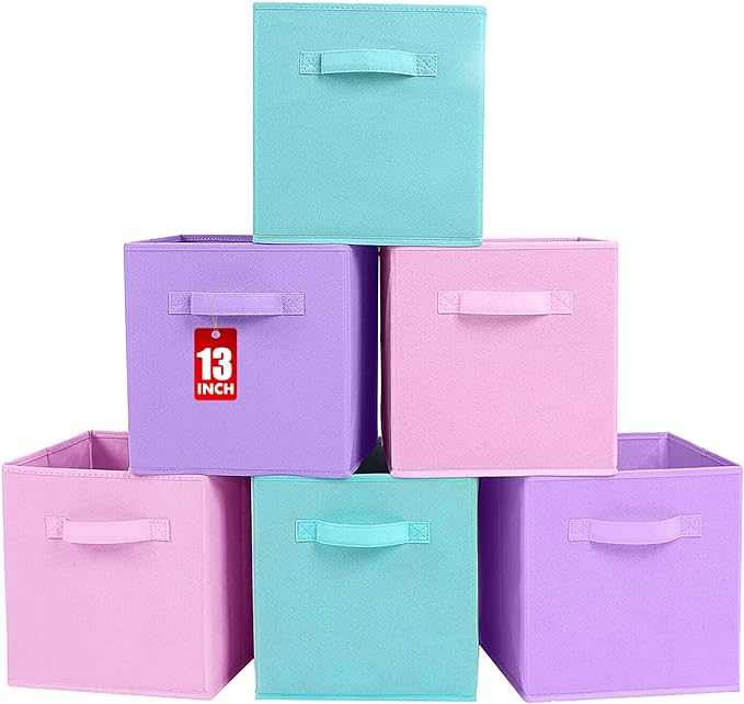 ShellKingdom Foldable Fabric Storage Cubes And Cloth Organizer Drawer For Closet And Toys, 13 X 13 X 13 INCH, 6 Pack (Lavender+Light Blue+Pink)