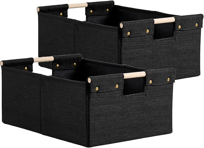 2PCS Storage Bins Cotton Linen Fabric Storage Boxes Basket with Wooden Handles Foldable Washable Decorative Shelf Container Closet Clothes Organizer Home Laundry (Small Size, Black)
