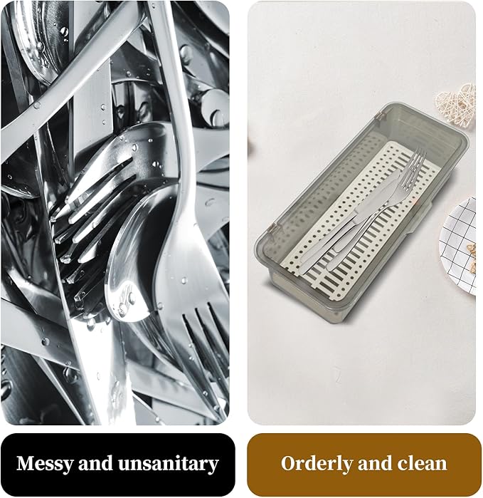 8 Pcs Flatware Tray with Lid Large Plastic Drainer Silverware Utensil Clear Drawer Organizer Cutlery Storage Container Box Dinnerware Holder with Cover for Home Kitchen Travel