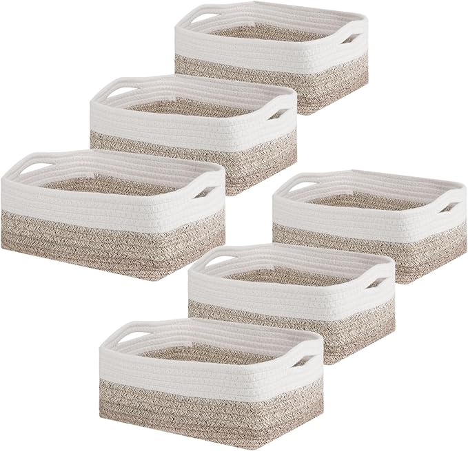 6 Pack Storage Baskets for Organizing, Small Storage Bins for Shelves, Woven Cotton Rope Baskets with Handles, Organizer Baskets for Gifts Empty, 12''Lx8''Wx4.5''H (Gradient Brown)