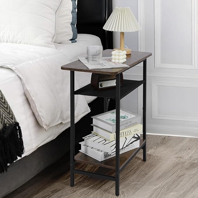 3-Tier Side Table for Living Room, Narrow End Table for Small Spaces with Wide Storage Tabletop,Rustic Brown Slim Couch Side Table Nightstand for Bedroom, Sofa