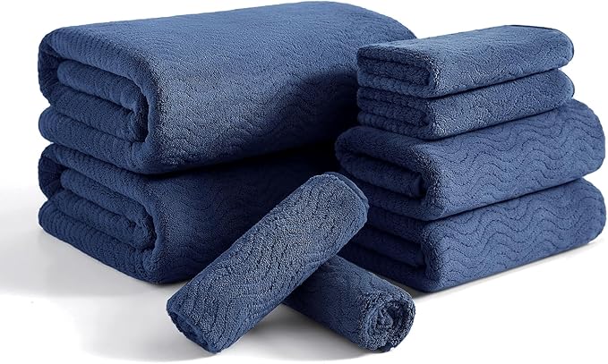 8 Piece Bath Towel Set Navy — 2 Oversized Large Bath Sheet,2 Hand Towels,4 Washcloths — Ultra Soft Cozy Bath Towel Set for Bathroom Hotel Gym Spa,Highly Absorbent & Quick Dry Bathroom Towel Collections
