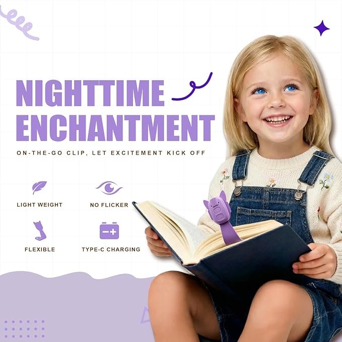 Rechargeable Kids Book Light, Cute Bookmark Reading Light for Kids, Dimmable Portable LED Book Light for Reading in Bed, Eye-Caring Bedtime Reading Lamp for Children & Travel, Purple