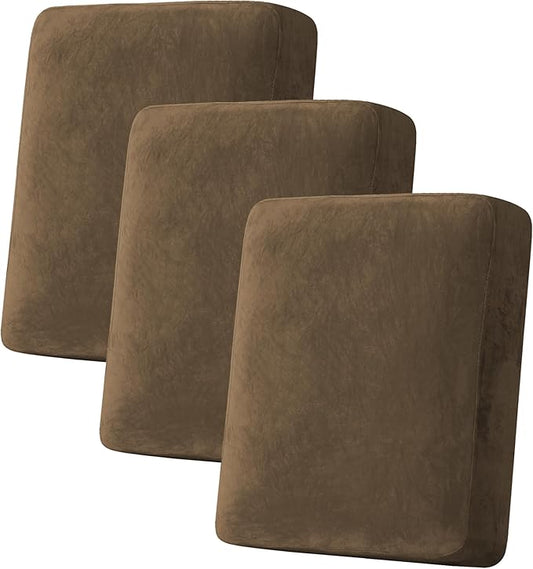 H.VERSAILTEX Velvet Stretch Couch Cushion Cover Plush Cushion Slipcover for Chair Loveseat Sofa Cushion Furniture Protector Seat Cushion Sofa Cover (3 Piece Sofa Cushion Covers, Bronze Brown)