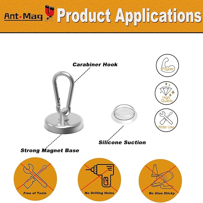 Ant Mag Magnet Hooks 160LBS with Suctions Heavy Duty Neodymium Magnet with Swivel Carabiner Snap Hook for Indoor/Outdoor Hanging Bag Kitchen Garage Cruise Ship (4 Pack)