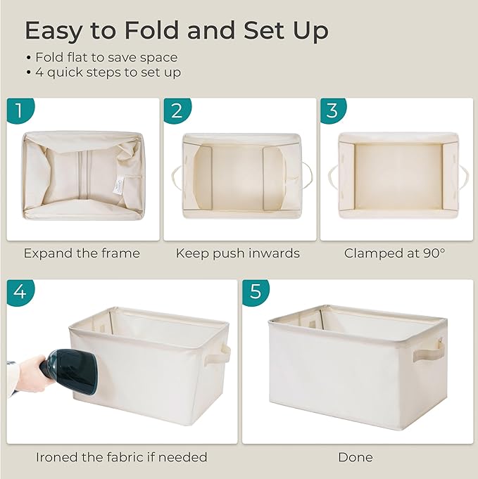 Storage Basket Bins with Metal Frame, Large Collapsible Fabric Storage Baskets for Towels, Laundry, Office, Home, 4-Pack, Beige