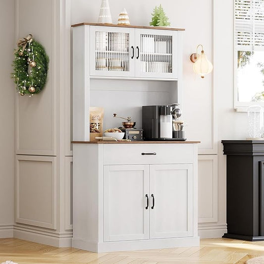 IDEALHOUSE Kitchen Pantry Cabinet with Microwave Stand, 71”Freestanding Tall Kitchen Cabinet with Doors and Shelves for Dining Room, White