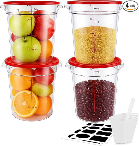 4-Pack Food Storage Containers with Lids,Round Plastic Containers for Kitchen, Food Grade, BPA-Free, Stackable, Clear Red Storage Buckets (Red, 4L)