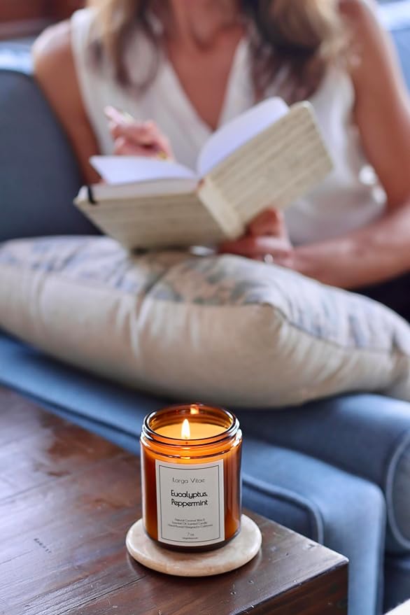 Eucalyptus, Peppermint Coconut Wax Candle Non Toxic Aromatherapy Candle with Essential & Prime Rated Natural Fragrance Oils, Clean Burning Amber Jar Candle, 7 oz Small Batched