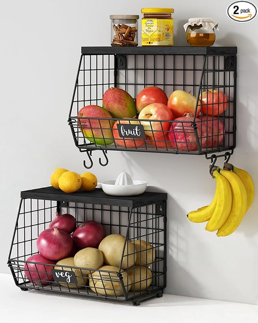 Black Kitchen Wall Hanging Storage Basket Set of 2, Rustic Stackable Kitchen Counter Fruit Organizer, Wire Baskets Container for Veggie, Garlic, Produce, Onion and Potato (Black Shelf)