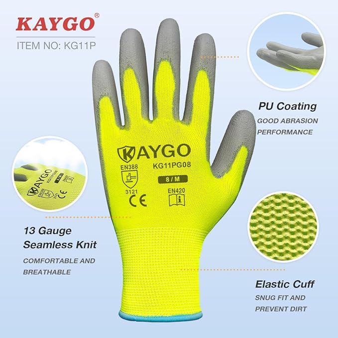Work Gloves for Men and Women,12 Pairs Seamless Knit PU Coated Safety Gloves, with Smooth Grip on Palm and Fingers, Ideal for Light Warehouse, Manufacturing, Gardening, KG11P (2XL,Green)