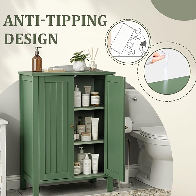 Karl home Freestanding Bathroom Floor Storage Cabinet, Narrow Slim Bathroom Storage Cabinet with 2 Doors and Interior Shelves, Forest Green