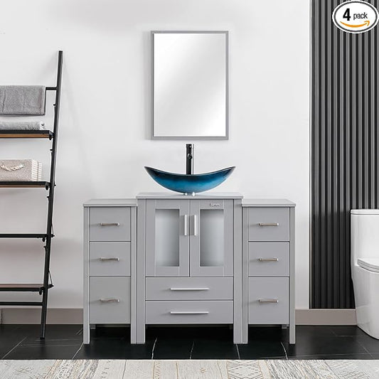 eclife 48" Modern Bathroom Vanity Sink Combo Freestanding Cabinet with Small Side Cabinet, Blue Boat Glass Vessel Sink, Water Save Faucet, Drain (Gray+A29BU)