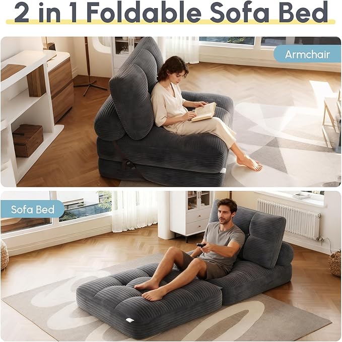 Folding Sofa Bed, Convertible Sleeper Chair with Pillow Foldable Mattress with Back Support