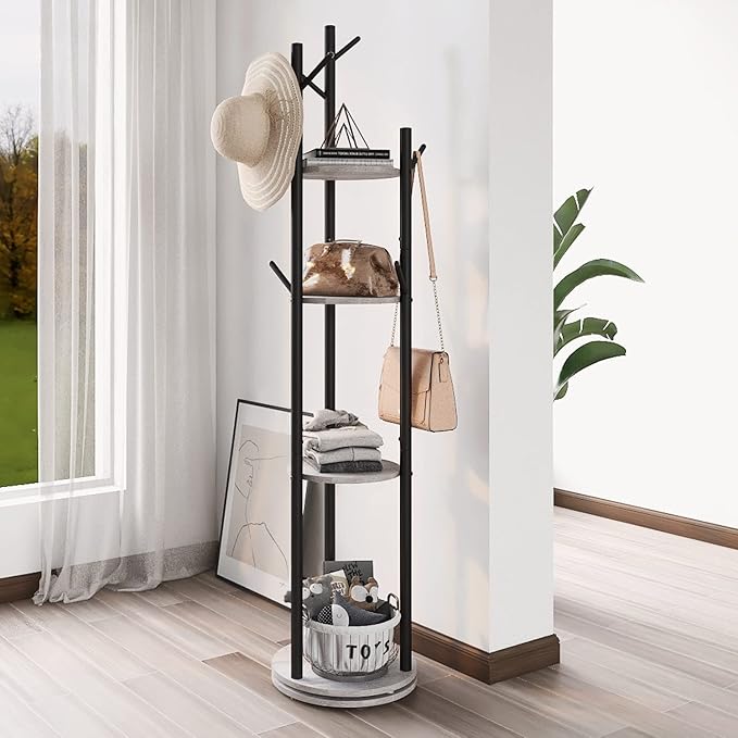 Rotary Coat Rack Freestanding Metal Coat Hall Tree Stand with 4 Tiers Storage Display Shelf and 9 Hooks for Entryway Bedroom Corner Office Garment Clothes Holder (Grey)