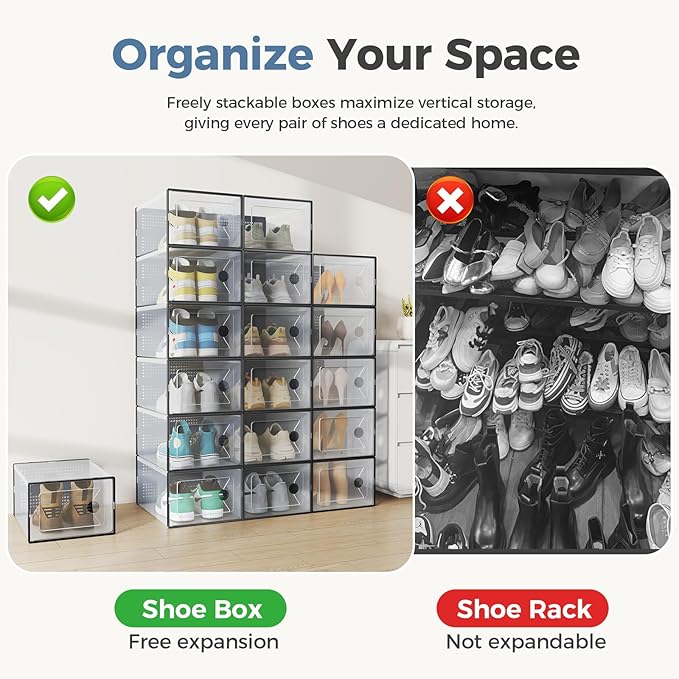 DUMOS Clear Shoe Storage Boxes, 12-Pack Plastic Stackable Shoe Containers with Lids, Display Sneaker Case Organizer for Closet, Under Bed, Entryway,Black (Fit Size 9)