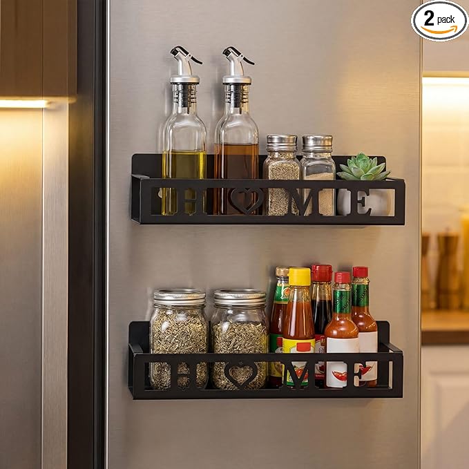 2 Pack Home Magnetic Spice Rack for Refrigerator Metal Magnet Basket Shelf for Fridge Seasoning Storage Organizers Home Decor Kitchen Accessories(Black)
