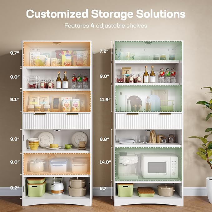 Marsail 72" Tall Kitchen Pantry Cabinet, Spacious Storage Cabinet with a Drawer, 4 Adjustable Shelves, 6 Door Shelves, Anti-Tip Safety, Fluted Cabinet for Kitchen, Dining, and Living Room, Light White