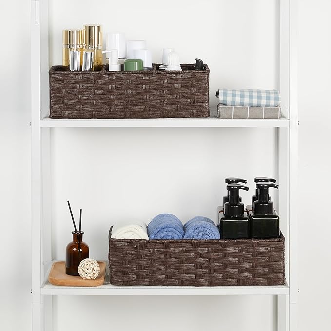 Bidtakay Narrow Hand-woven Wicker Storage Bins Small baskets for Organizing 2-Pack Waterproof Imitation Wicker Baskets for Storage Long Storage Basket for Shelf Washroom Basket Reddish Brown