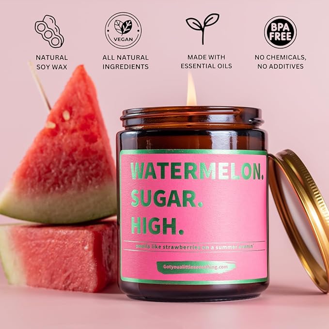 Watermelon Sugar High Scented Candle - Smells Like Strawberries on a Summer Evening - Harry Styles Gifts - Harry Merch - Harry S One Direction Present Idea Music Themed Gift for Fans