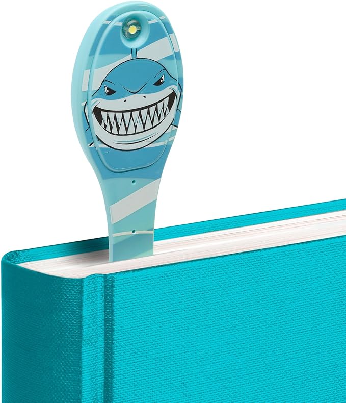Gifts for Readers & Writers Book Light, Clip On Reading Light for Bed, 2in1 Flexilight & Bookmark, Small & Lightweight with a Soft Glow, 2 Batteries Included, Shark