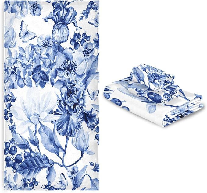 3 Piece Navy Blue Floral Bath Towels Set,Microfiber Absorbent Blue Magnolia Flower Berries Butterfly Towels for Bathroom,1 Bath Towel,1 Hand Towel,1 Washcloth,Decorative Bathroom Towels