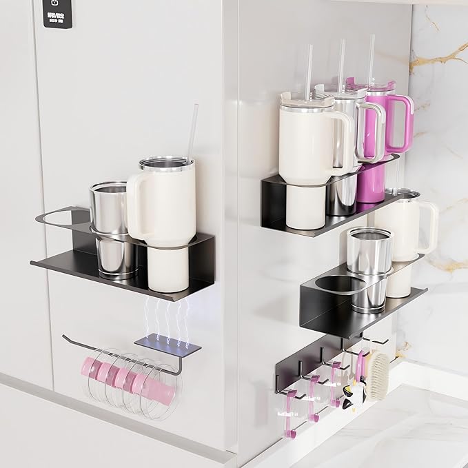 Magnetic Cup Holder for Stanley 40 & 30 oz Tumblers – Cup Holder & Organizer with 6 Slots Magnetic Fridge Lid Rack Water Bottle Organizer for Tumblers Cups and Bottles – 3-Pack Black