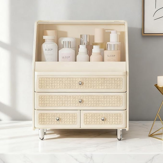 Large Cosmetic Storage Box Dustproof And Waterproof. Display Case with Drawers Countertop Vanity Organizer for Skincare, Lipsticks, Perfume – Bathroom Cosmetic Storage Display Box (White)