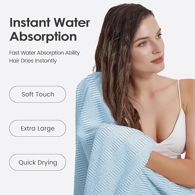 Microfiber Bath Towels, Large Bathroom Towel 2 Pack (30" x 60"), Oversized, Soft, Super Absorbent and Fast Drying, Multipurpose Use for Sport, Fitness, Yoga, Diamond Cross Grid Light Blue