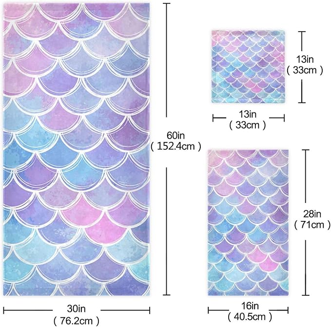 Magic Pink Blue Mermaid Scales Towels Set of 3 Rainbow Marble Galaxy Bathroom Towel Soft Absorbent Bath Hand Towels Washcloth Guest Towel Sets Bathroom Decorations