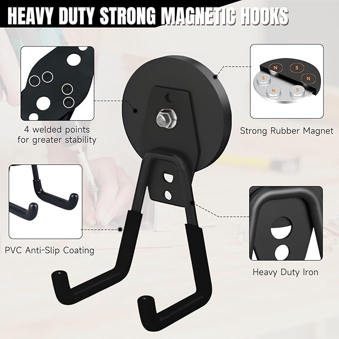Magnetic Hooks Heavy Duty, 4 Pack Large Strong Magnet Hooks with Anti-Slip Coating, Storage Hooks for Hanging Garden Tools,Drills, Hoses. Ideal for Metal Cabinet,Tool Cart,Outdoor