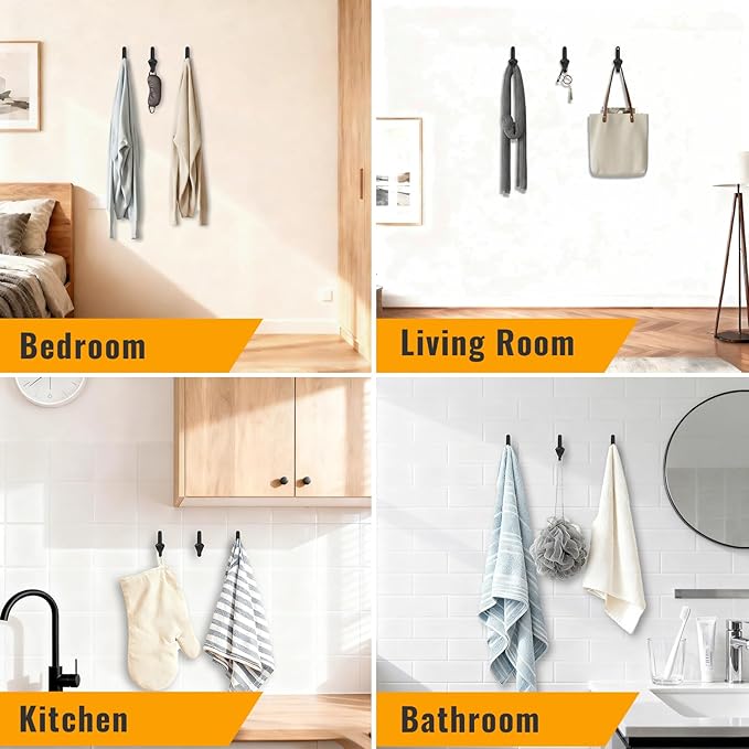 10 Pack Wall Hooks for Hanging, Heavy Duty Metal Coat Hooks Wall Mount, Easy to Install Black Hooks for Entryway, Bathroom, Towels, Robes, Backpacks