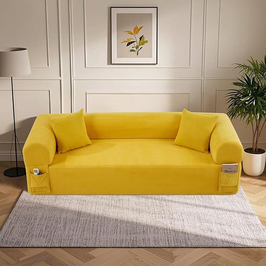83'' Boneless Sofa in A Box, 3-Seater Floor Sofa No Assembly Corduroy Couch for Living Room, Cloud Couch with 2 Pillows & Storage Bag, Memory Foam Small Floor Couches for Office, Bright Yellow
