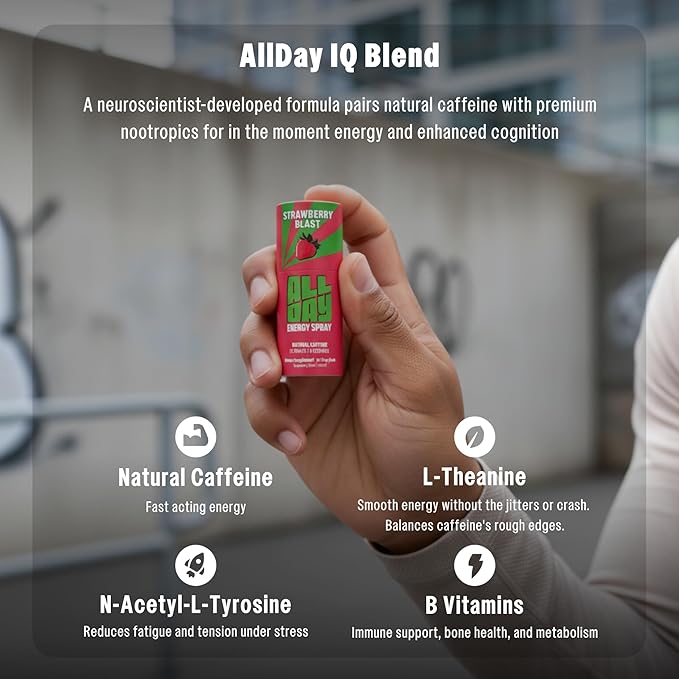 Caffeine Spray, Promotes Focus and Energy (Peach Snap, 8 Bottles, 96 Sprays) — 32mg Natural Caffeine per Spray — Pocket-Size Energy Shot/Drink - Formulated with L-Theanine, Vitamin B12, & Vitamin D