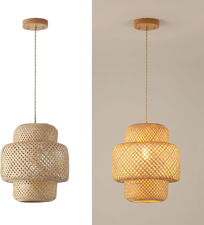 Bamboo Pendant Light Fixture One-Light Adjustable Boho Basket Handmade Woven Pendant Lighting for Kitchen Island Hallway Farmhouse Dining Room