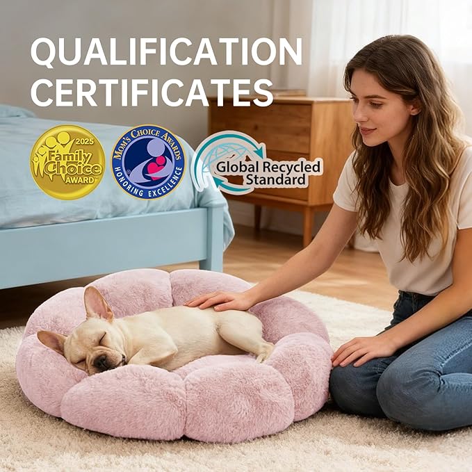 OhGeni 20 inches Calming Donut Dog & Cat Bed for Small Pets, Warming Comfort Fluffy Short Pile Fur, Durable Machine Washable Round Bed, Cute Round Bed for Puppy and Kitten, Pink