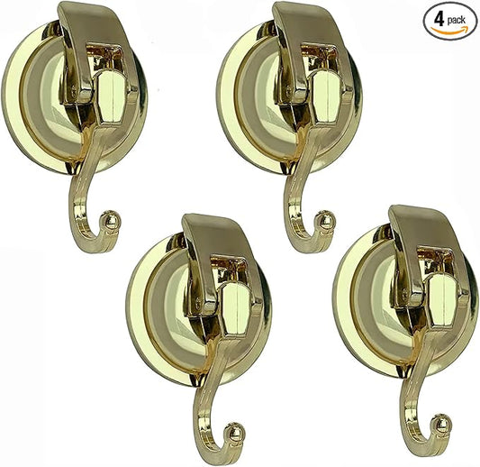 Suction Cup Shower Hooks - Heavy Duty, Glass Suction Hooks for Bathroom Robes and Decorations (Gold, 4 Pack)