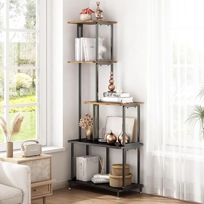 GILLAS 5 Tier Corner Shelf Stand, Freestanding Corner Shelf Corner Bookshelf, Corner Table with Shelf, Tall Storage Organizer Rack for Living Room, Bedroom, Office. Small Space