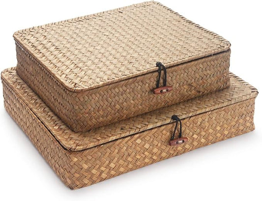 DOKOT Flat Seagrass Storage Bins with Lid, Wicker Basket for Shelf Organize, Set of 2 (Small+Large)