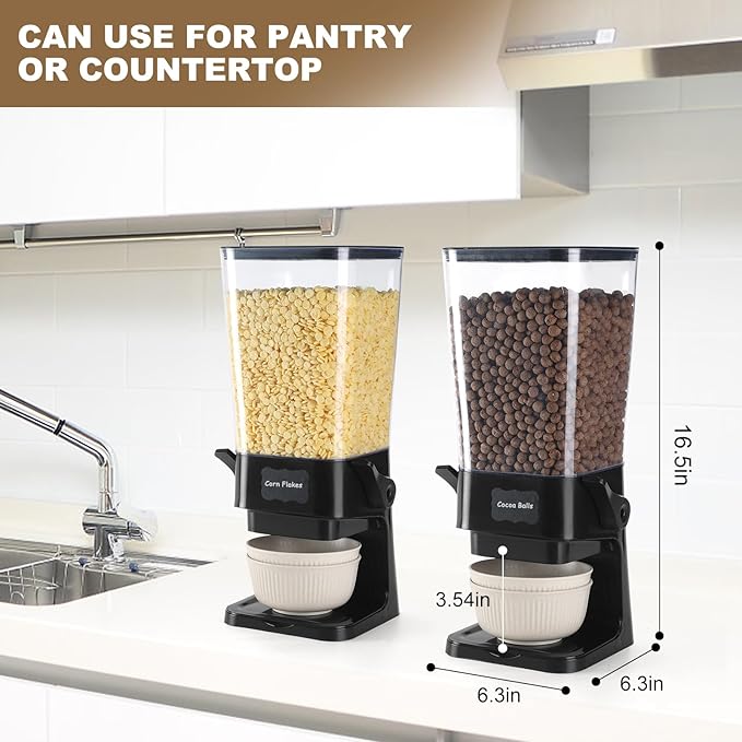 Cereal Dispenser Countertop with Cereal Bowls,16 Labels & Pen, Cereal Containers Storage, Candy Dispenser, Dry Food Dispenser For Pantry - Not Easy to Crush Food (Black, 2 Pack)