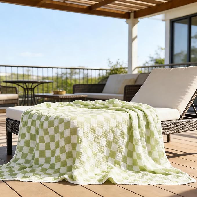 100% Cotton Muslin Blankets for Adults Queen Size 6-Layer Gauze Green Grid Cooling Blanket Lightweight Soft Breathable Decor Blanket for Sofa Couch Bed Coverlet Both Sides