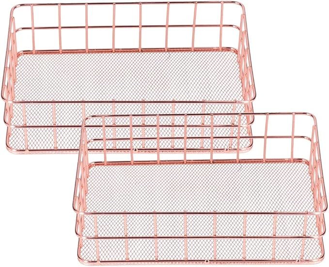 plplaaoo 2PCS Nordic Simple Rose Gold Wrought Iron Storage Basket Desktop Organizer Container Household Storage Organizer for Living Room Bathroom Office Durable Iron Material Stylish Decor (L)