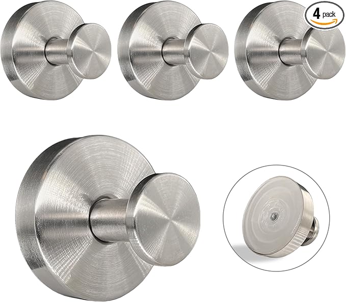 Suction Cup Hooks for Shower - 4 Pack, Matte Chrome - Stainless Steel, Strong Suction, No Drill, Removable Hanger, Tile Bathroom Kitchen Wall, Glass Door, Mirror Hook Hanging Robe, Towel Holder