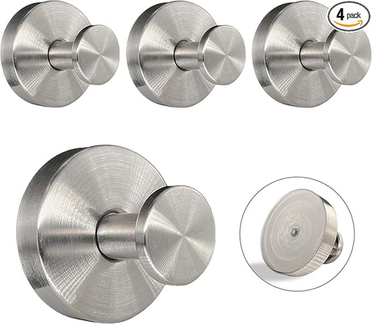 Suction Cup Hooks for Shower - 4 Pack, Matte Chrome - Stainless Steel, Strong Suction, No Drill, Removable Hanger, Tile Bathroom Kitchen Wall, Glass Door, Mirror Hook Hanging Robe, Towel Holder