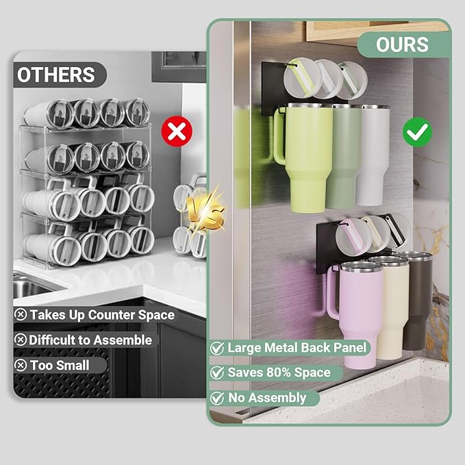 2 Pack Heavy Duty Magnetic Cup Holder for Stanley 40oz&30oz Tumblers - Space Saving Fridge Organizer with Integrated Lid Organizer