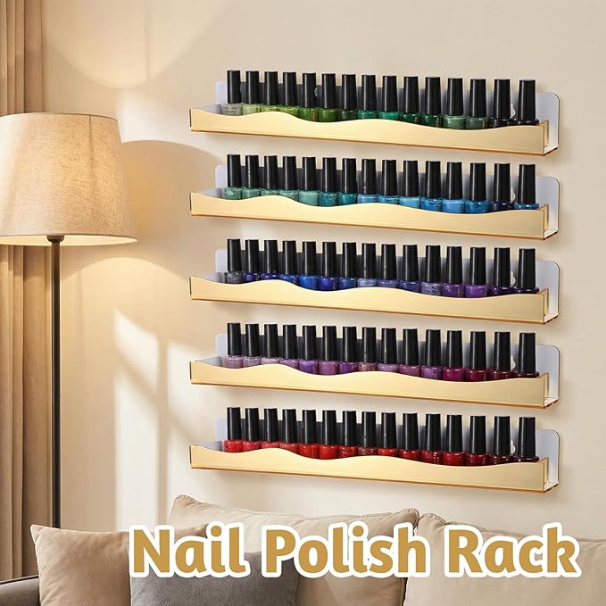 6 Pack Gold Reflective Acrylic Shelves, 15 Inch Wall-Mounted Nail Polish Organizer Rack Mirror Finish Makeup Essentials Storage Multi-Purpose Display Holder for Small Space Vanity Bathroom