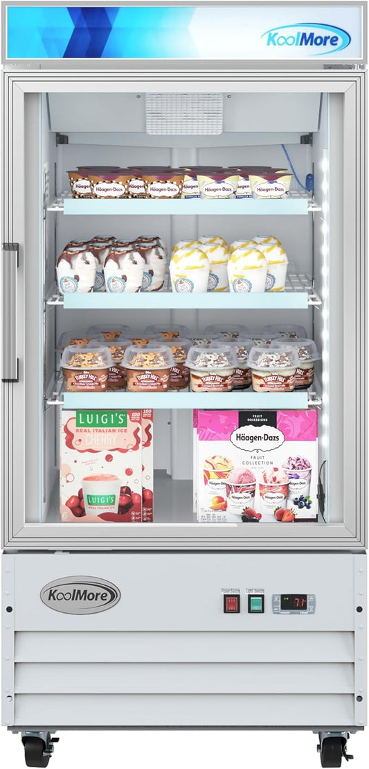 KoolMore MDF-1GD-9C-WH 26 in. Commercial One Glass Door Display Upright Freezer Merchandiser in White 9 Cu. Ft