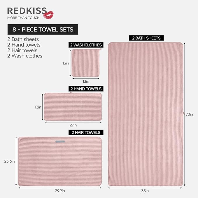 REDKISS Pink Microfiber Bath Towels Set 8 Piece - 70x35 Inches Bathroom Towels of 8 Large, Oversized Bath Towel with 2 Hair Towel Wrap, Highly Absorbent Soft Shower Towels for Bathroom, Hotel, Gym