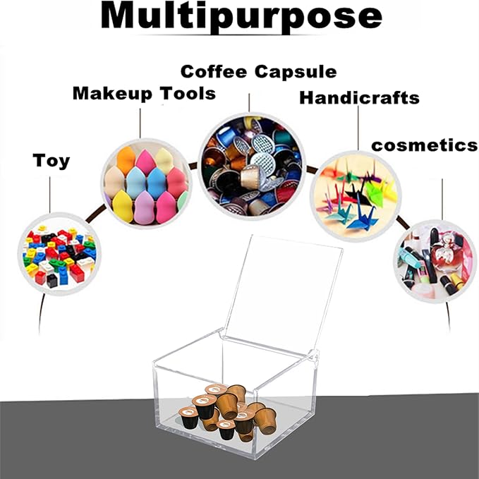 KissYou Acrylic Box with Lid 2 Packs Clear Storage Contanier Coffee Pod Holder Organizers Accessories Clear Hinged Lid Box