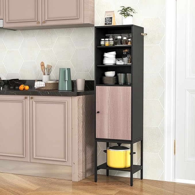 Giantex 57” Tall Bathroom Storage Cabinet, Floor Cabinet with Door, Adjustable Shelves & Foot Pads, Metal Legs, Anti-Tipping Kit, Slim Bathroom Storage Unit for Living Room, Kitchen (Black)